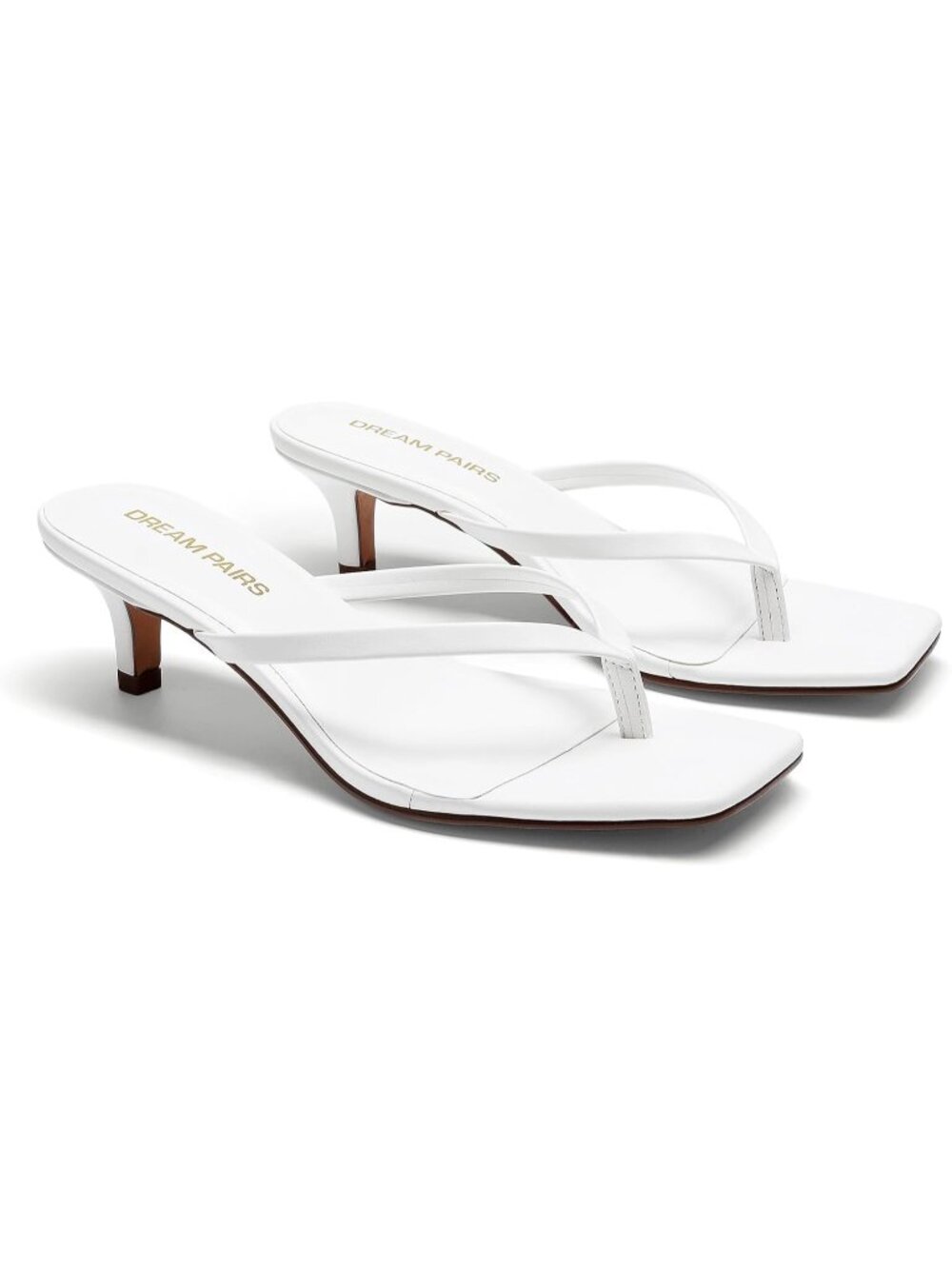 Women's White Faux Leather Square Toe Minimalist Flip Flop Kitten Heel Sandal